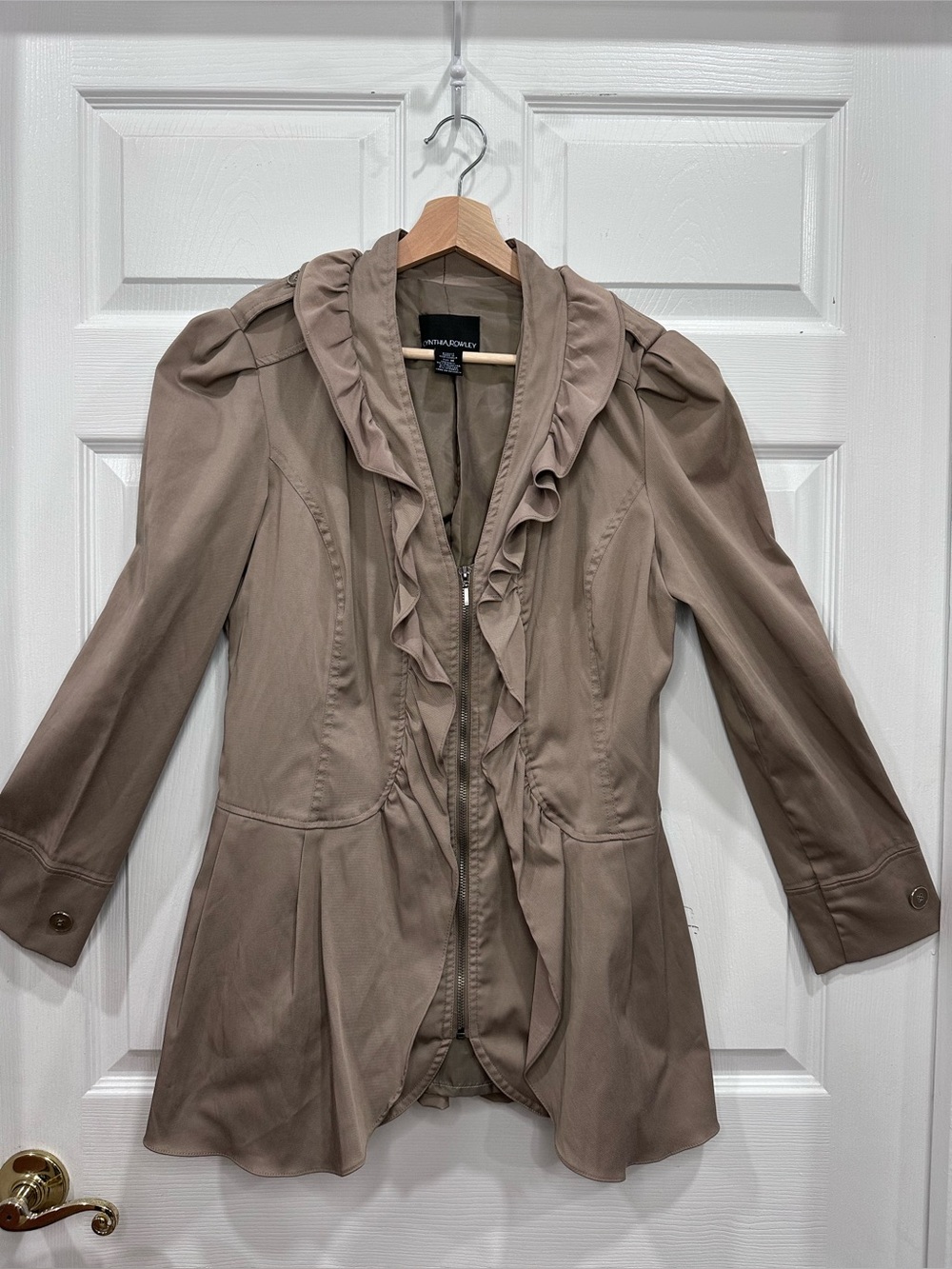 Cynthia Rowley Taupe Ruffle-Trim Trench Coat